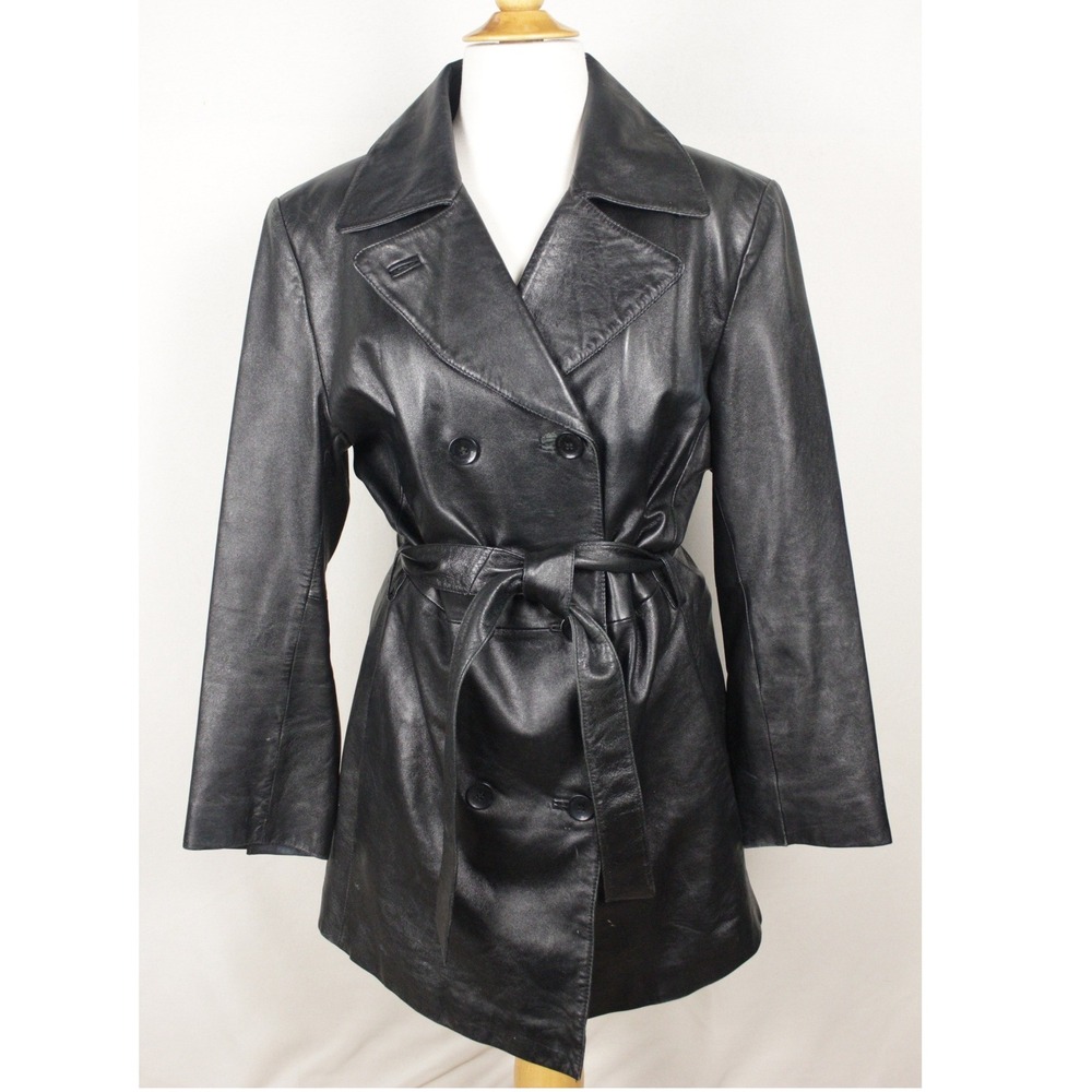 Wilsons Pelle Studio Black Leather Trench Coat‎ Womens M Belted Double Breasted
